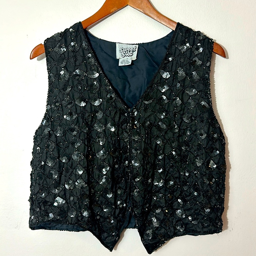 Vintage Sweet Sue Black 100% Silk Beaded Vest Top Size L